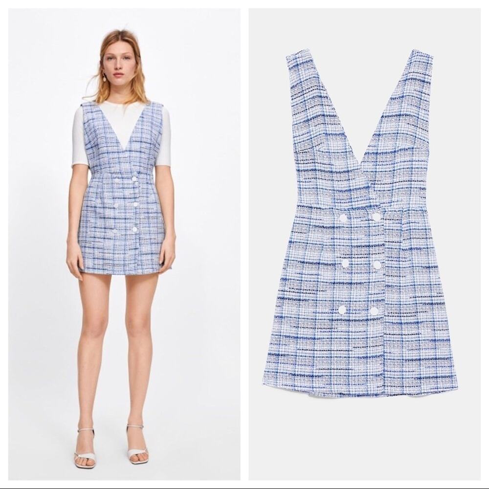 Zara Blue Overall Tweed Plaid Pinafore Mini Dress Size M